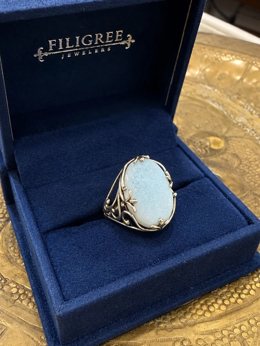 Vintage 925 Sterling Silver Blue Opal Statement Ring Size 6.75 Floral Vine